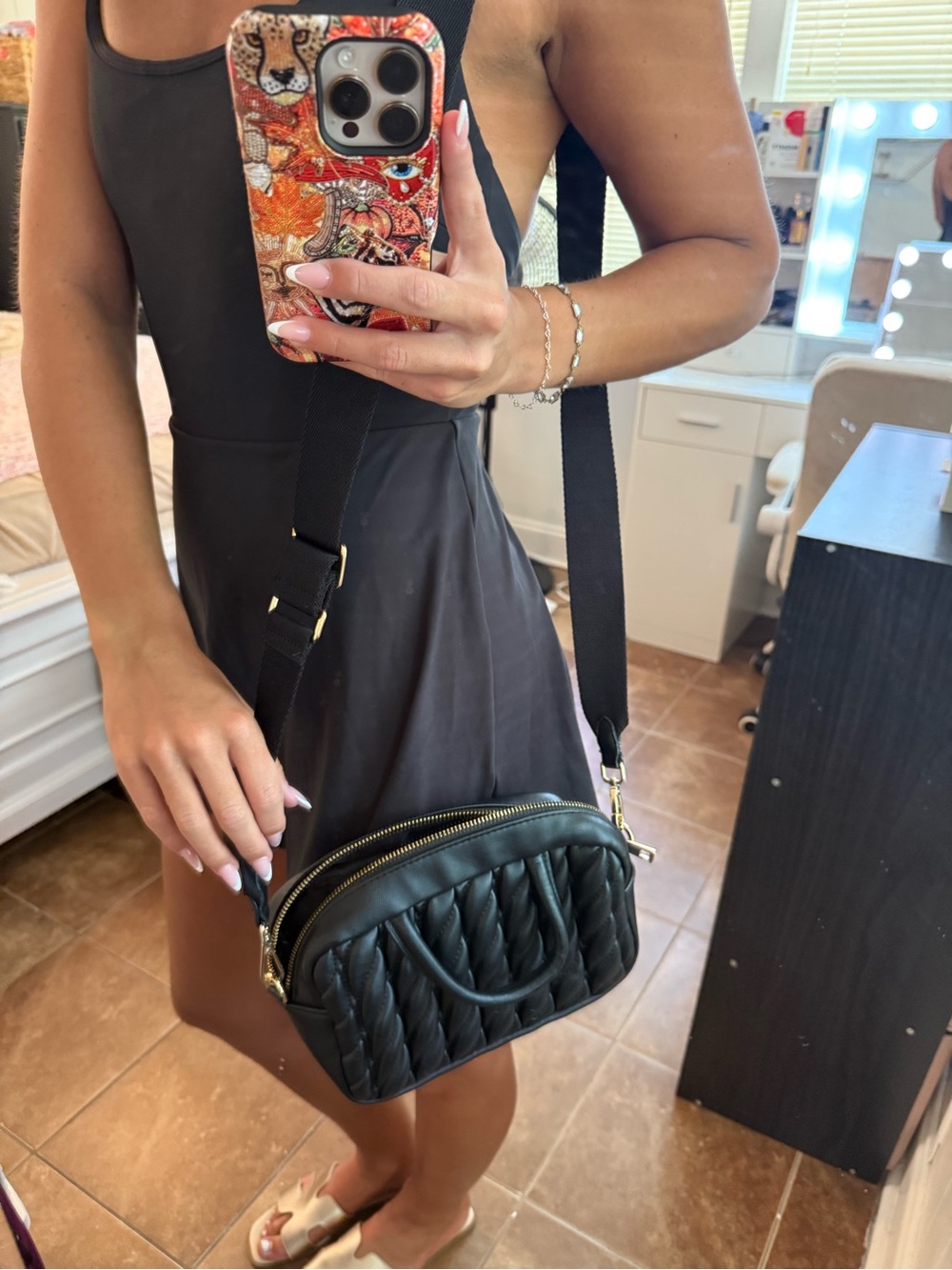 wild fable Black Quilted Crossbody Bag with Gold Hardware